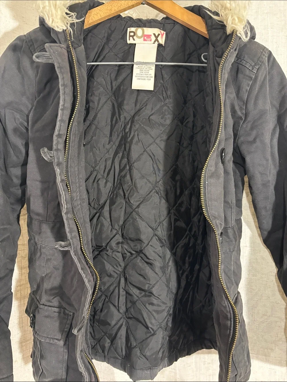 Roxy Girls Black Hooded Jacket with Cream Faux Fur Trim